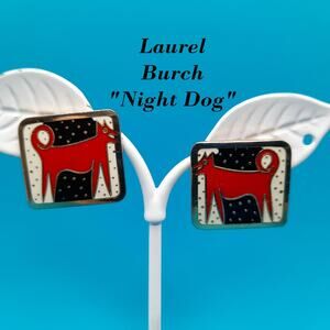 Vintage Laurel Burch "Night Dog" Post Earrings, Gold Plated